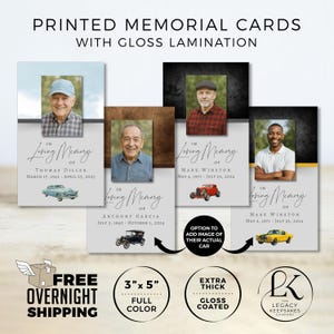 May include: Printed memorial cards with gloss lamination. Each card features a photograph and the text "In Loving Memory of" followed by a name and dates. The cards are 3" x 5" and full color.