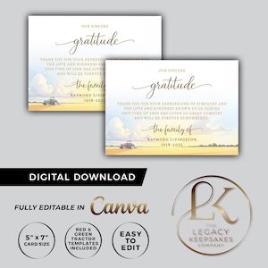 Peut inclure: Téléchargement numérique d'une carte de condoléances avec le texte "Notre sincère gratitude". La carte présente un paysage à l'aquarelle avec un tracteur. La taille de la carte est de 12,7 cm x 17,8 cm.