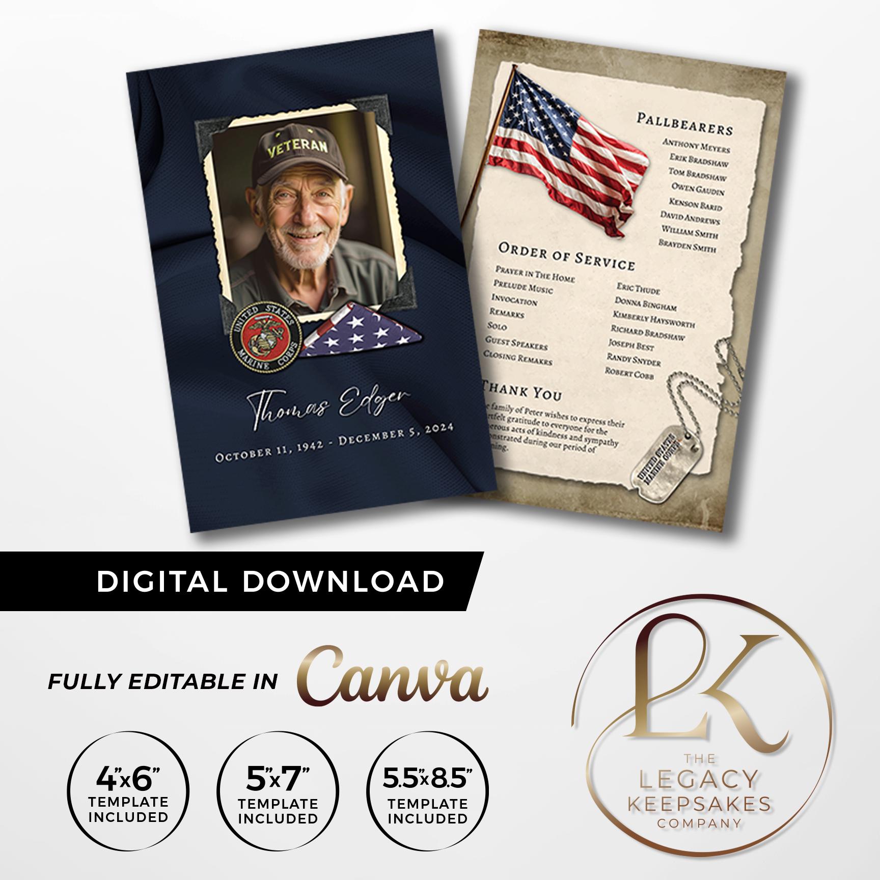 Marine Corp. Veteran Memorial Card Template, Digital Download, Edit in Canva, Multiple Sizes, Military, Funeral, Vet, Patriotic, Obituary