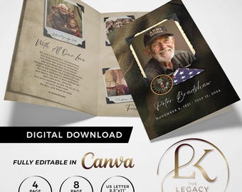 Army Veteran Memorial Program Template, Military Funeral, Digital Download, Editable in Canva, US Letter Half Fold, 4 Page, 8 Page, vet