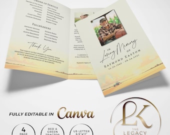 Farmer Memorial Program Template, Digital, Editable in Canva, US Letter Half Fold, 4 Page, Rancher, Tractor, Farming, Agriculture, Country