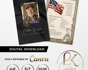 Navy Veteran Memorial Card Template, Digital Download, Editable in Canva, 4x6, 5x7, 5.5x8.5, half page, Military, Funeral, Vet