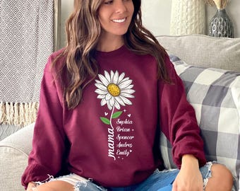 Camiseta personalizada para mamá con los nombres de los niños, camiseta personalizada con flores de margarita, regalo para la maternidad.