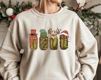 Kersttrui met augurkenprint, grappige trui met augurkenpot, kerstmutsen en lichtjes, cadeau voor augurkenliefhebbers, gezellige kersttrui voor foodies 2026