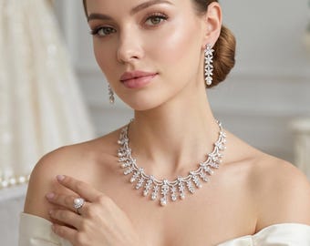 Pearl Crystal Bridal Jewelry Set: Flower Silver Wedding Necklace Set - Handmade CZ Jewellery