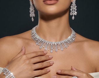 Silver Crystal Bridal Jewelry Set, Wedding Necklace Earrings Bracelet Ring, Bride Jewellery