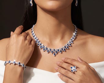 Blue Crystal Bridal Jewelry Set: Wedding Necklace, Bracelet, Ring & Earrings - Mother of the Bride Jewelry
