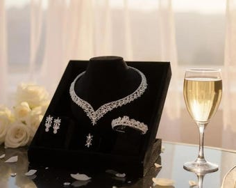 Crystal Bridal Jewelry Set: Formal Zircon Wedding Necklace & Earrings, Bracelet, Ring