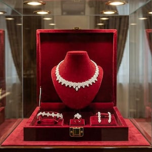 May include: A jewelry set featuring a necklace, a bracelet, a ring, and a pair of earrings, all adorned with marquise-cut clear stones. The set is displayed on a red velvet bust and base inside a glass display case with internal lighting.