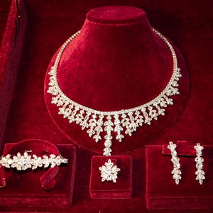 Luxury Crystal Bridal Jewelry Set - Necklace, Earrings, Bracelet, Ring - Silver Bridal Accessories - Elegant Gift for Her - Evening Jewelry