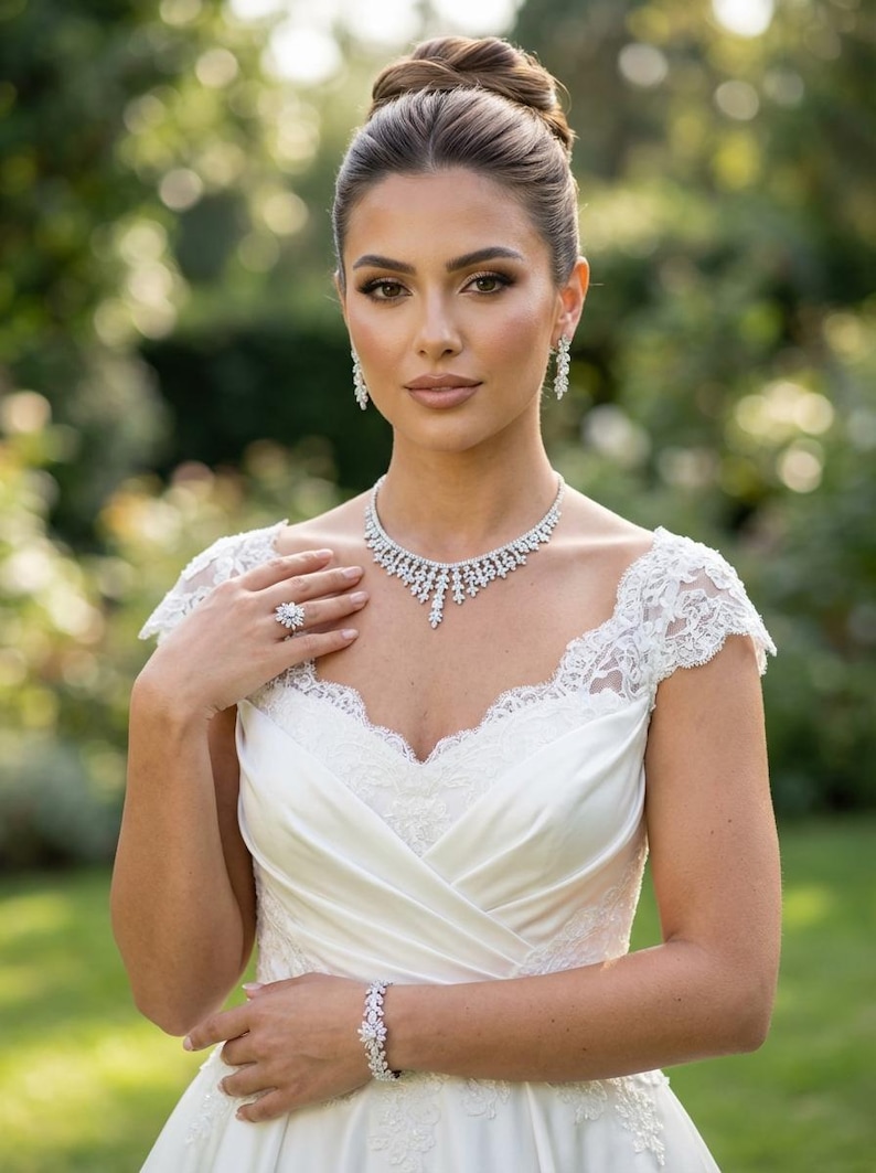 May include: A white satin dress with lace cap sleeves and a sweetheart neckline, paired with a silver-toned jewelry set featuring a necklace, drop earrings, a bracelet, and a large floral-shaped ring, all adorned with clear sparkling stones.