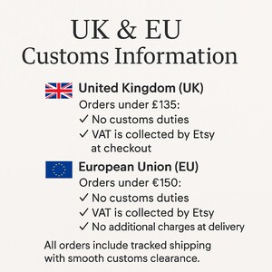 May include: An informational graphic titled UK & EU Customs Information. It details customs duties and VAT collection for orders under &pound;135 in the United Kingdom and under &euro;150 in the European Union, noting that all orders include tracked shipping.