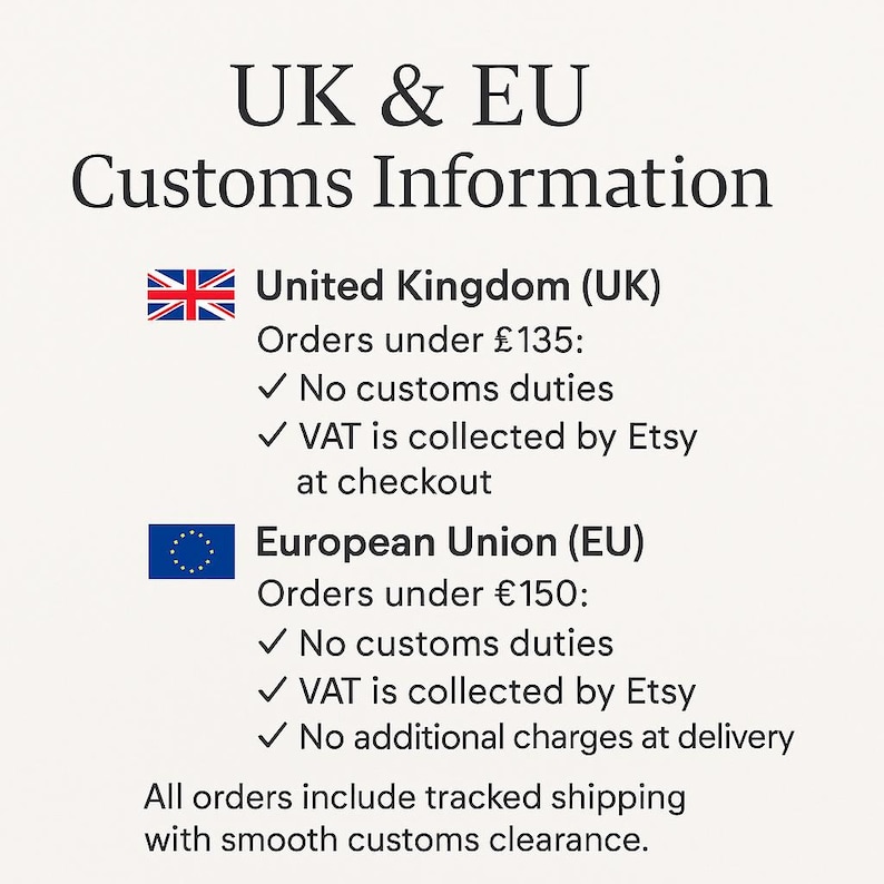 May include: An informational graphic titled UK & EU Customs Information. It details customs duties and VAT collection for orders under &pound;135 in the United Kingdom and under &euro;150 in the European Union, noting that all orders include tracked shipping.