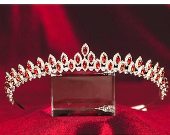 Red Crystal Tiara, Silver Minimalist Headpiece for Brides, Henna, Engagement, Bridal Party Hair Accessory