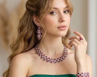 Zestaw biżuterii ślubnej Ruby Red – naszyjnik, kolczyki, bransoletka i pierścionek w stylu vintage i nowoczesnym – jakość Swarovski – bezpłatna wysyłka do USA, cło opłacone