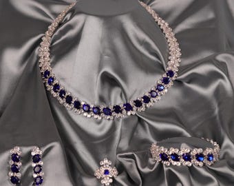 Conjunto de joyas de zafiro y circón hechas a mano / Collar, pendientes, anillo y pulsera de novia de lujo / Elegante regalo azul para ella / Joyería de boda