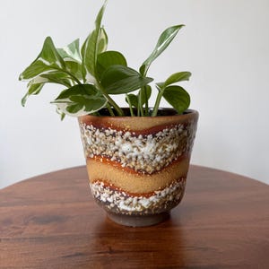 May include: A ceramic plant pot featuring a wavy, textured glaze in shades of brown, orange, and white, containing a green and white variegated pothos plant with heart-shaped leaves extending from the top of the vessel.