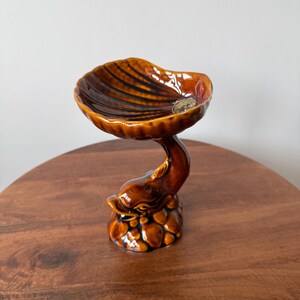 Vintage Kitsch Shell Dish | Dartmouth Pottery | Brown Glazed Ceramic Trinket Fish and Shell Bowl