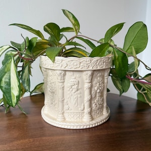 May include: A cream-colored, decorative planter with embossed classical-style columns and floral designs. The planter is filled with green and yellow trailing plants. The planter sits on a dark wooden surface.