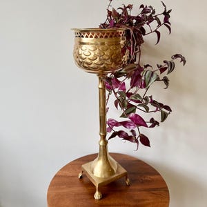 May include: A tall brass plant stand featuring a bowl with a scalloped rim and a textured scale pattern. The stand has a slender central column supported by a square base with four claw-style feet. A trailing plant with deep purple leaves is inside.
