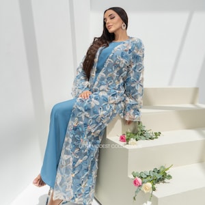 Floral Tulle Abaya: Luxury Embellished Modest Dress with Hijab