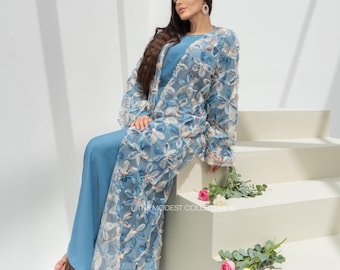 Floral Tulle Abaya: Luxury Embellished Modest Dress with Hijab