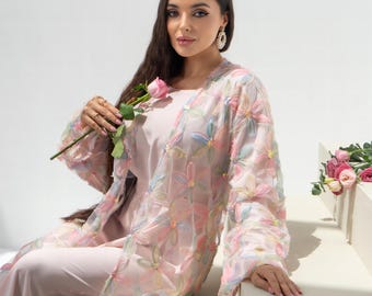 Abaya z tiulu kwiatowego: luksusowa, zdobiona, skromna sukienka z hidżabem