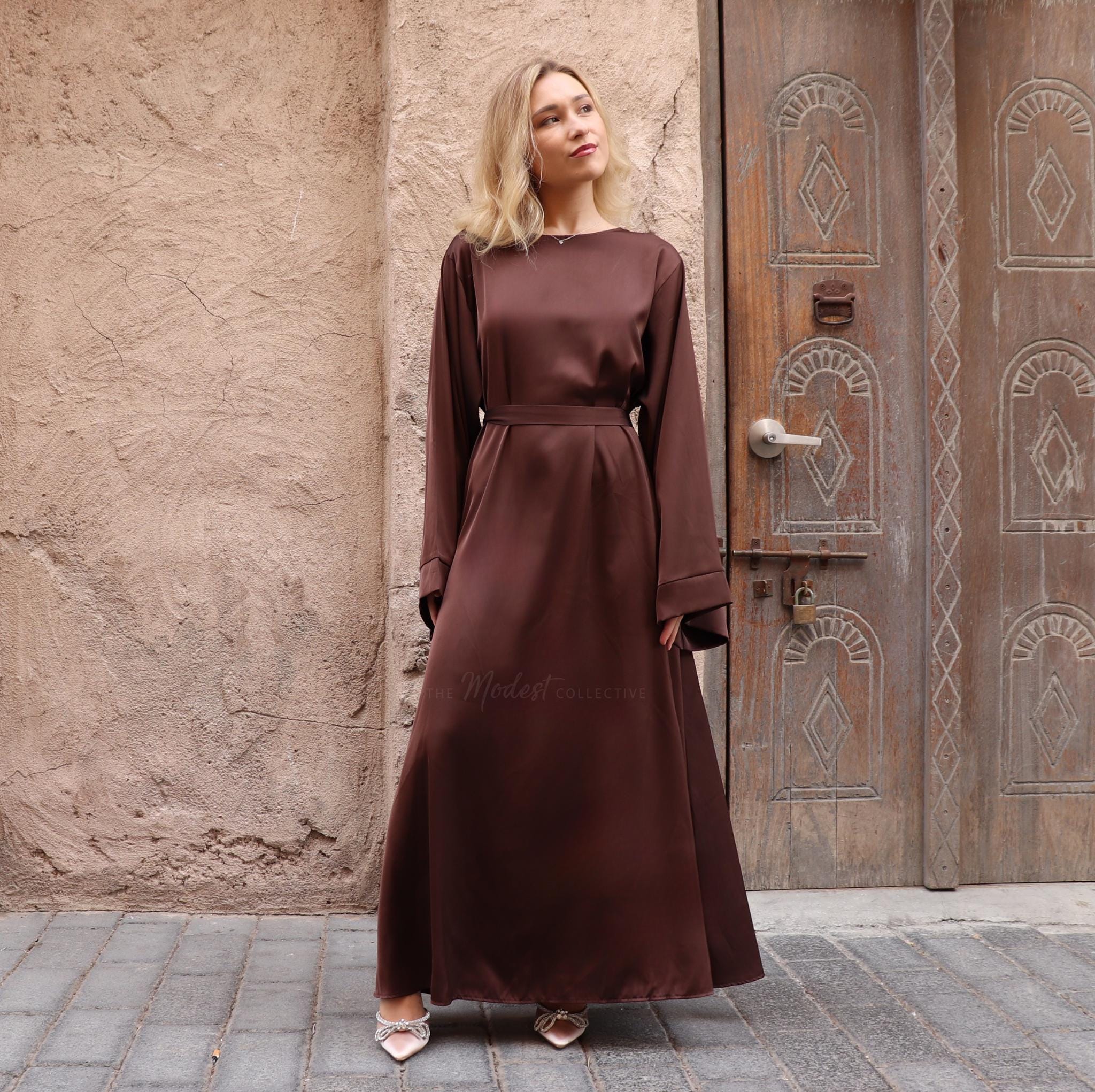 Chocolate Brown Satin Maxi Dress: Long Sleeve Modest Abaya