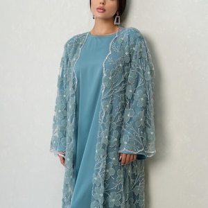 Embellished Tulle Abaya: Floral Pearl Luxury Eid Dress