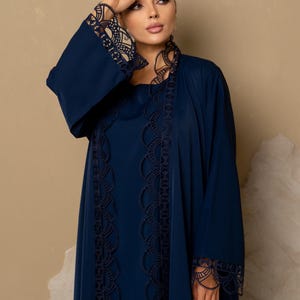 Lace Abaya Abaya for women Eid Abaya set Embellished Abaya Made in Dubai Abaya with Hijab and Belt Abaya 2025 Abaya Dubai Abayas Navy Abaya
