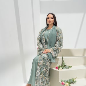 Floral Tulle Abaya: Luxury Embellished Modest Dress with Hijab