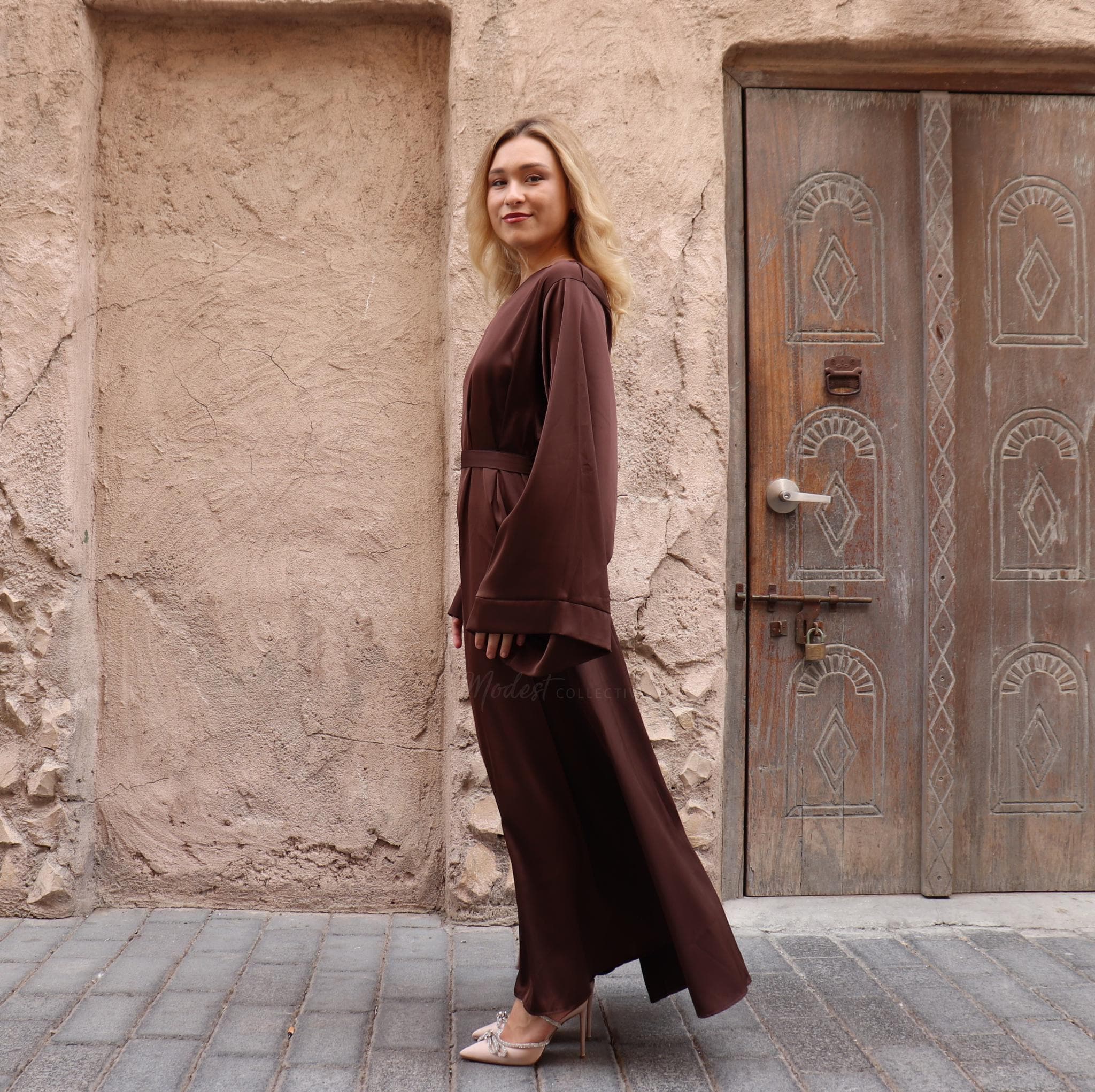 brown modest maxi dress Satin Maxi Dress