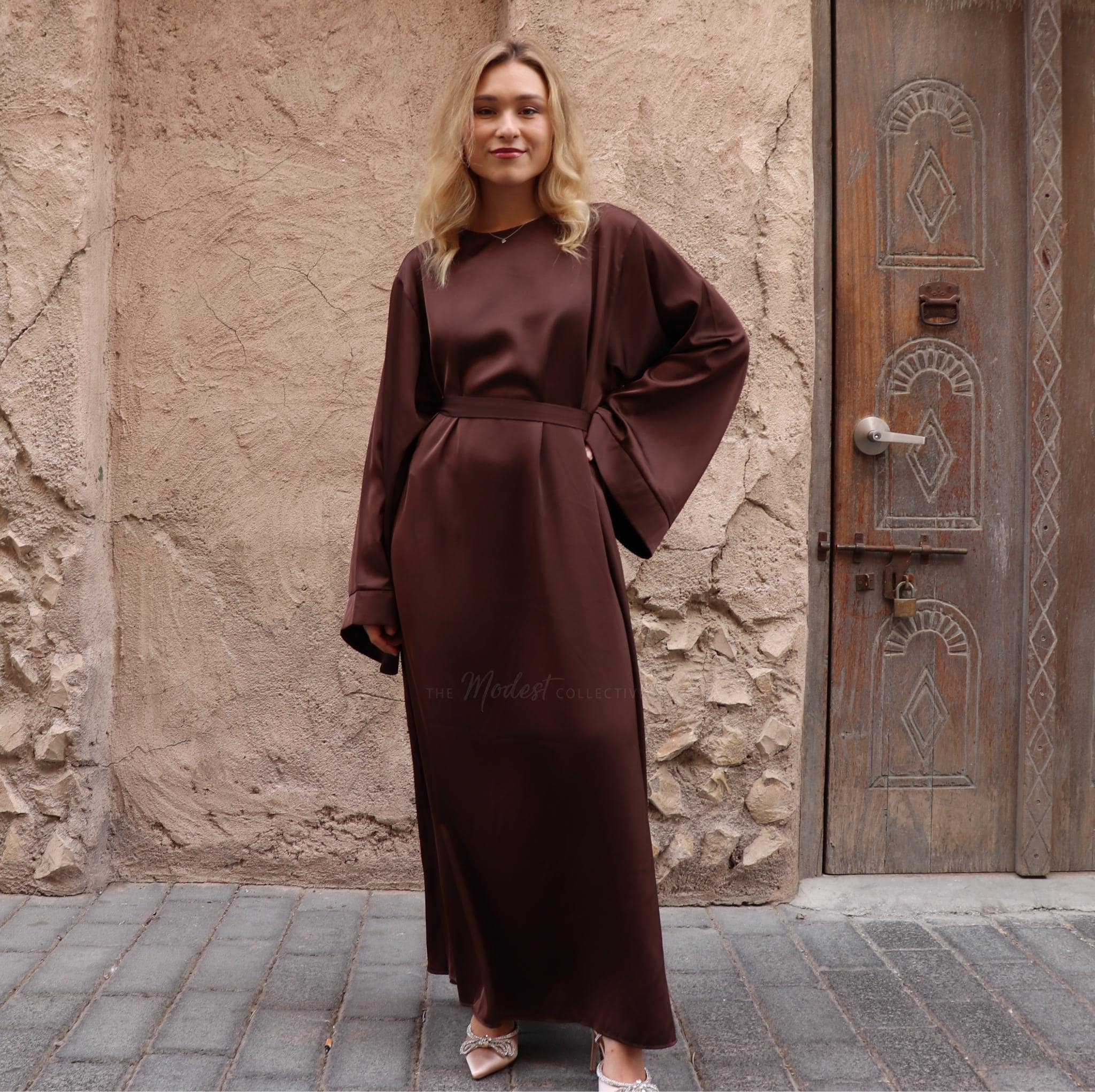 Chocolate Brown Satin Maxi Dress: Long Sleeve Modest Abaya Chocolate Brown Satin Maxi Dress: Long Sleeve Modest Abaya
