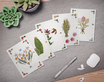 Botanical Whimsy Watercolor Cards ‒ 5 Floral Designs Blank Inside Greeting Card Set ‒ All-Occasion Nature Art