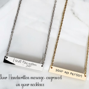 Custom Handwriting Engraved Bar Necklace: Memorial Keepsake