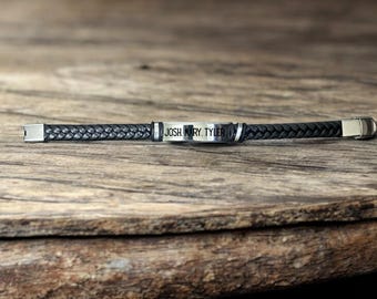 Gegraveerde herenarmband met snoer, roestvrijstalen staaf, gepersonaliseerd cadeau