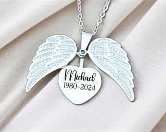 Collar conmemorativo de alas de ángel con nombre y fechas, joyería personalizada para recordar a un ser querido, regalo de condolencia por una pérdida.
