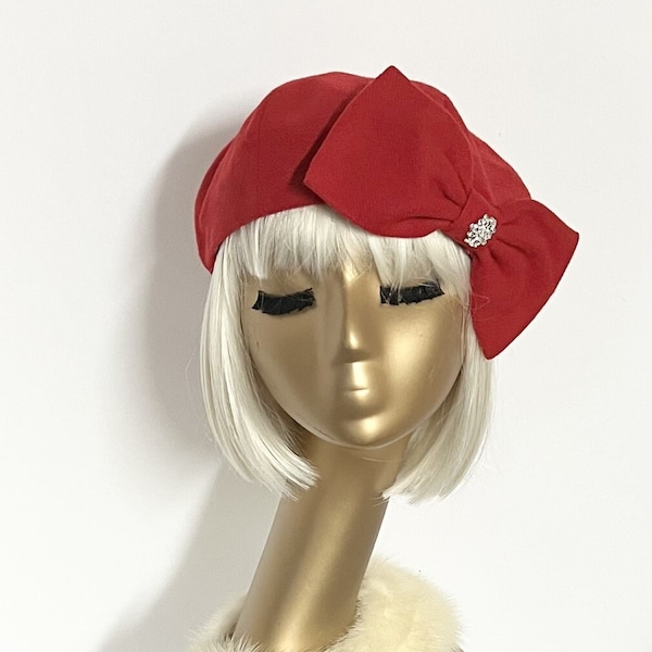 Red Wool Beret Hat Bow