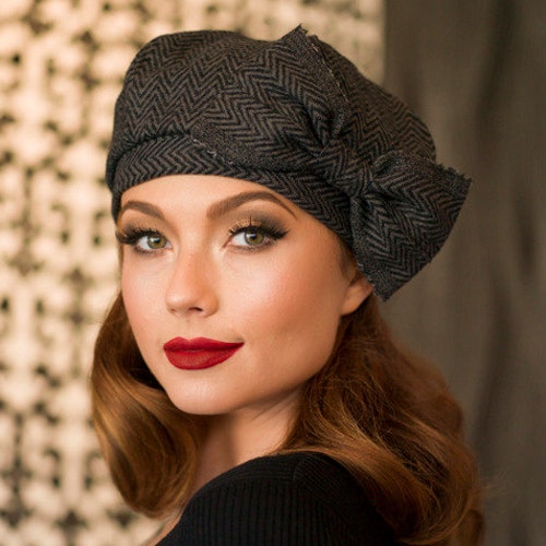 Chevron Striped Wool Beret French 