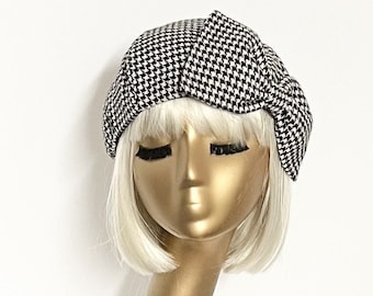 Beret Hat Bow, Black & White Houndstooth, Wool Beret Hat Bow, Wool Beret Bow, Black and White Hat, Hat with Bow