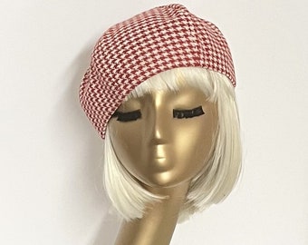 Beret Hat Red White Houndstooth Wool