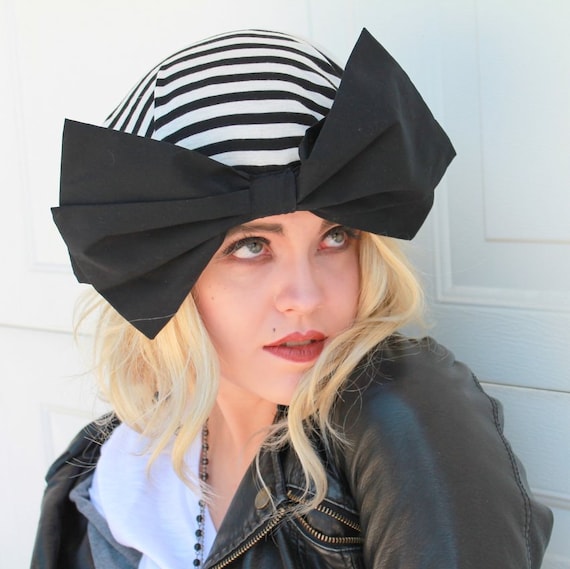 Striped Turban Hat Bow, Beret Hat Bow, Borderline Hat, Black