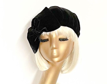 Black Velvet Beret Hat Bow