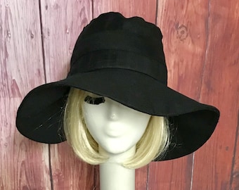 Black Linen Sun Hat, Wide Brim Hat, Sun Hat, Bohemian Hat, Floppy Hat, Beach Hat, Dark Denim Sun Hat, Resort Hat, Packable Hat, Travel Hat