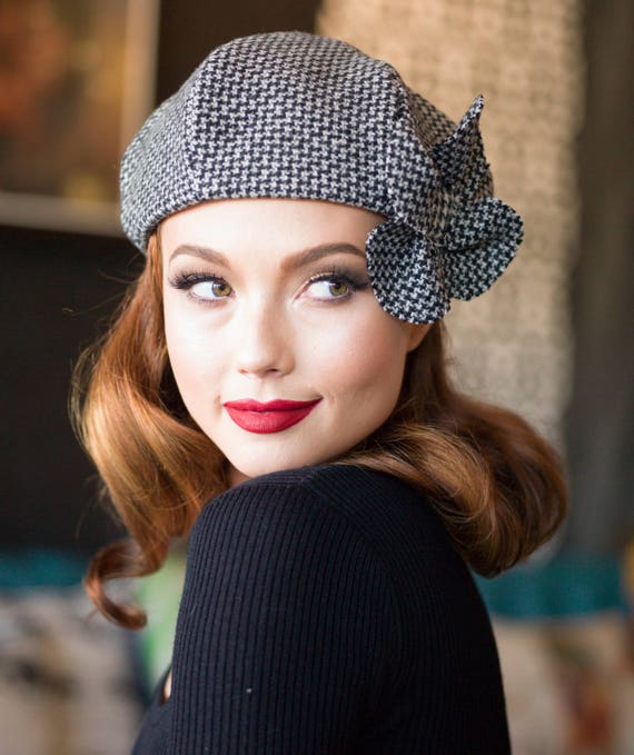 Beret Hat Flower, Beret Herringbone Wool, Plaid Beret Hat, Tweed