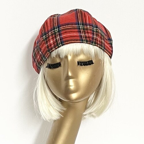 Red Wool Tartan Plaid Beret Hat