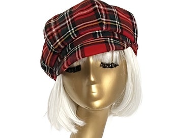 Gorra de vendedor de periódicos vintage de tartán a cuadros de lana roja