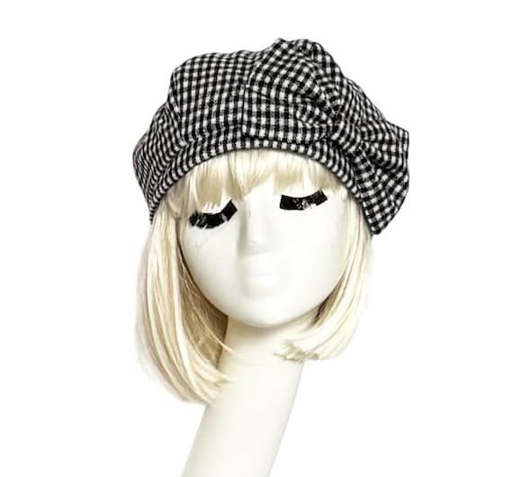 Beret Hat Bow, Black & White Checkered, Wool Beret Hat Bow 