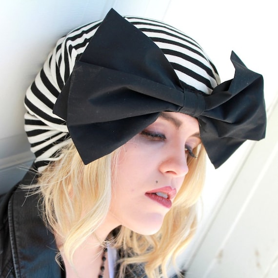 Striped Turban Hat Bow, Beret Hat Bow, Borderline Hat, Black  display picture 1