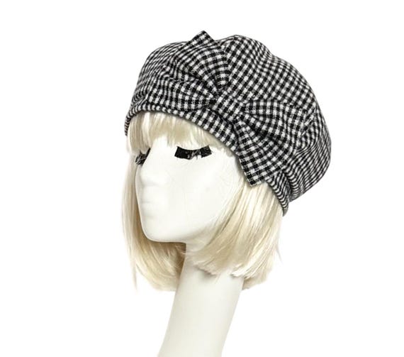 Beret Hat Bow, Black & White Checkered, Wool Beret Hat Bow  display picture 1